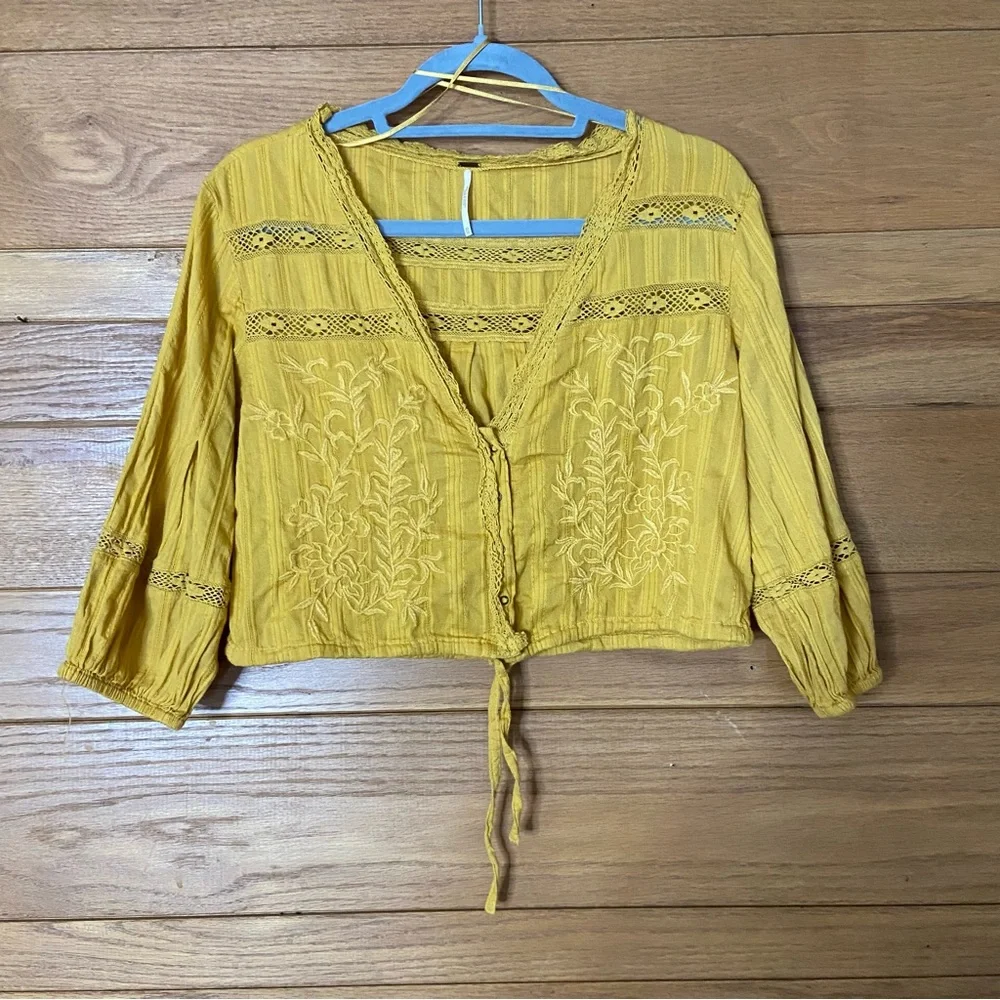 Free People Follow Your Heart yellow mustard gold embroidered button front top